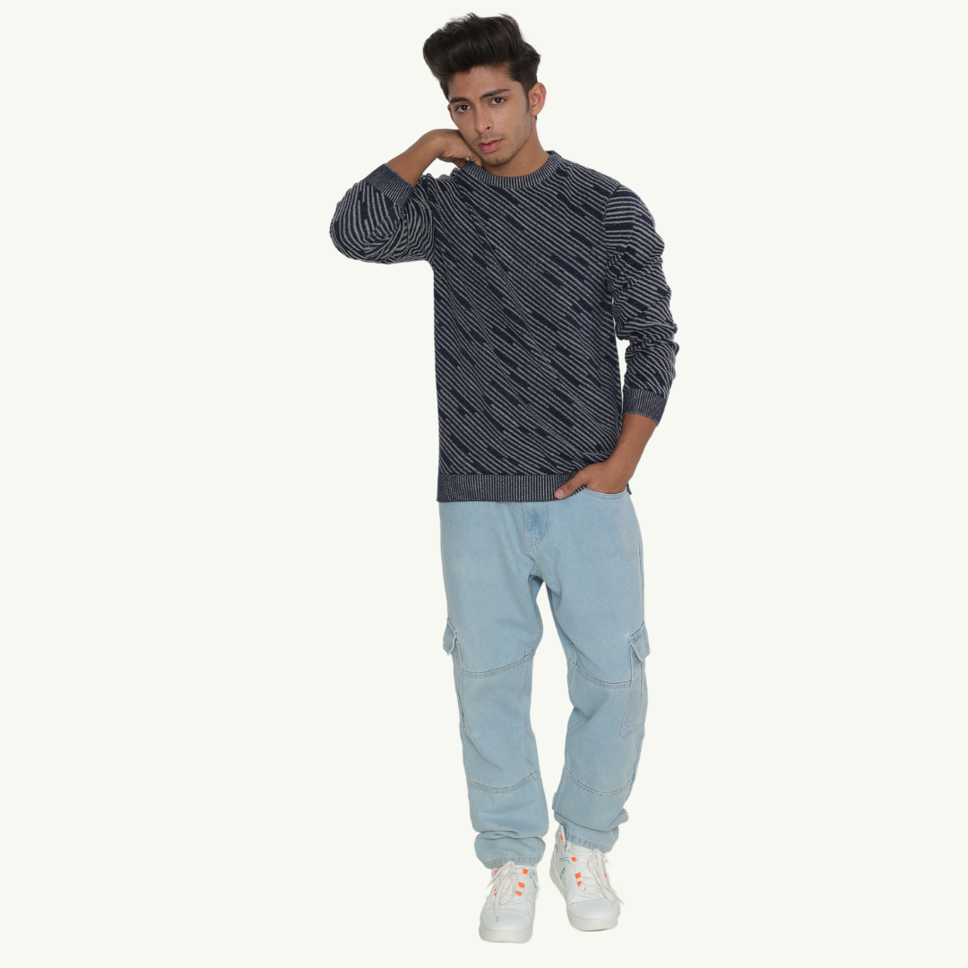 Navy with Grey Structured strips Denim Finished Jacquard Knitted Special Edition Garment