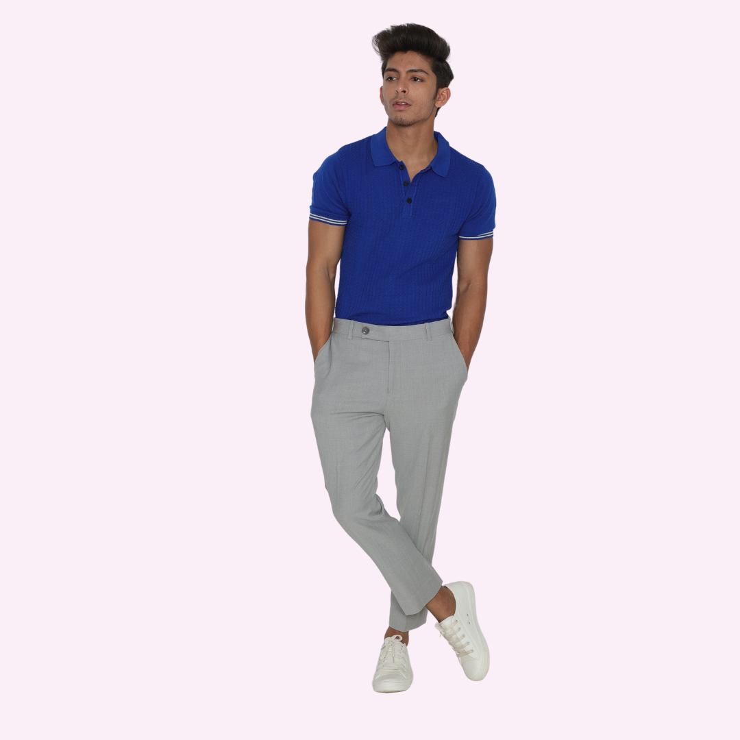 Premium Blue Structured Cotton Knitted Polo T-Shirt