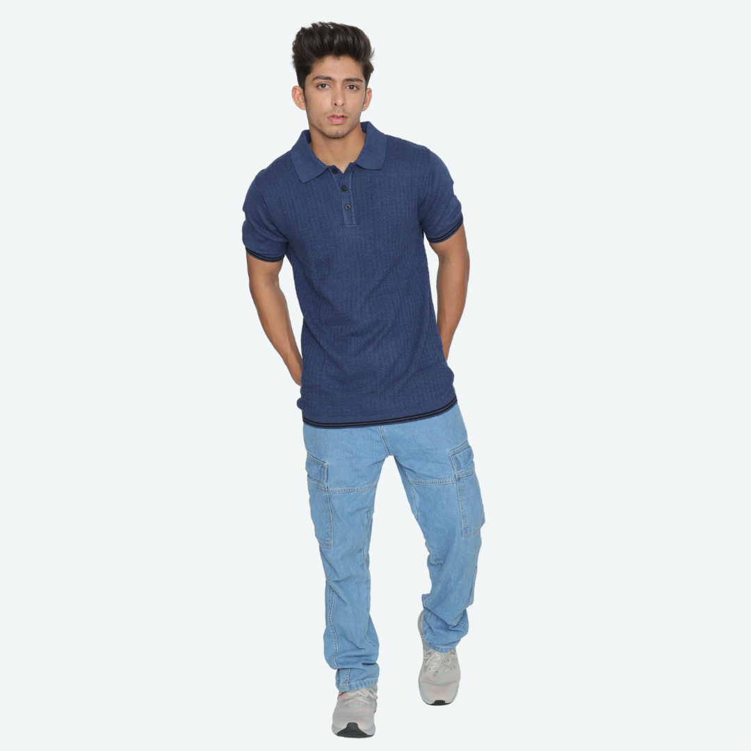 Premium Navy Structured Cotton Polo Knitted T-Shirt