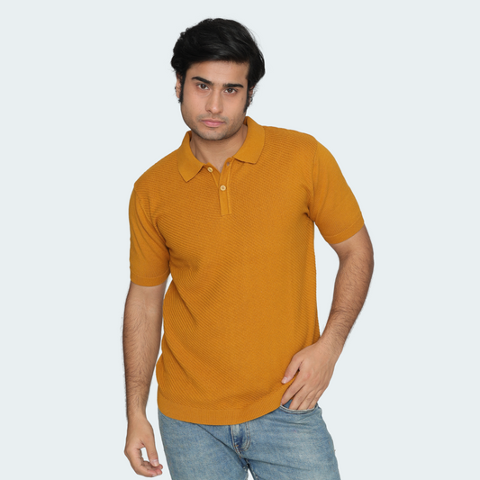 Premium Mustard Knitted Polo T-Shirt – Vibrant, Textured, and Effortlessly Stylish