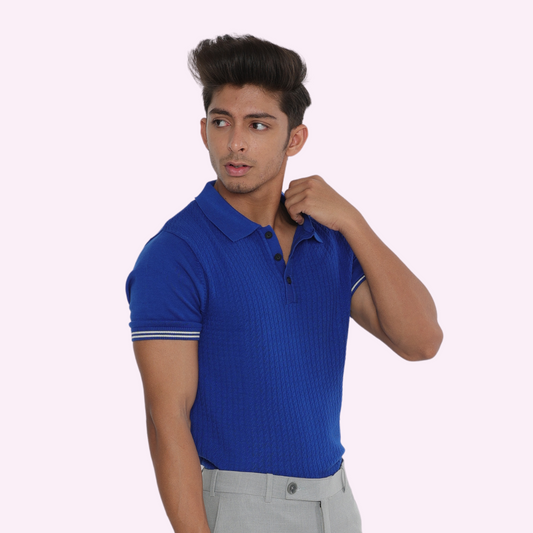 Premium Blue Structured Cotton Knitted Polo T-Shirt