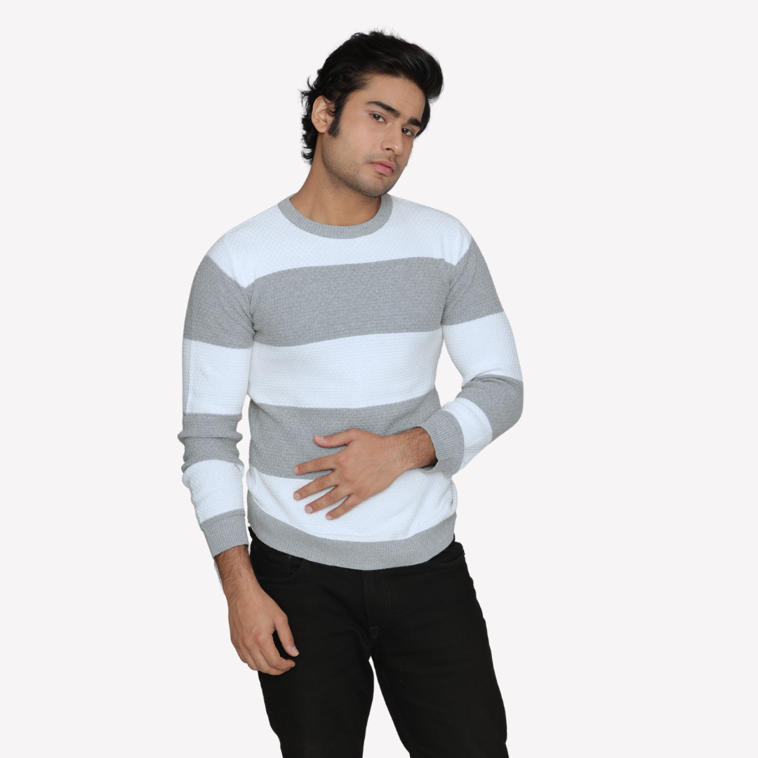 White and Grey Striped Knitted Cotton Special Edition T shirt