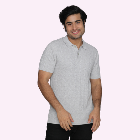 Premium Grey Structured Cotton Polo Knitted T-Shirt