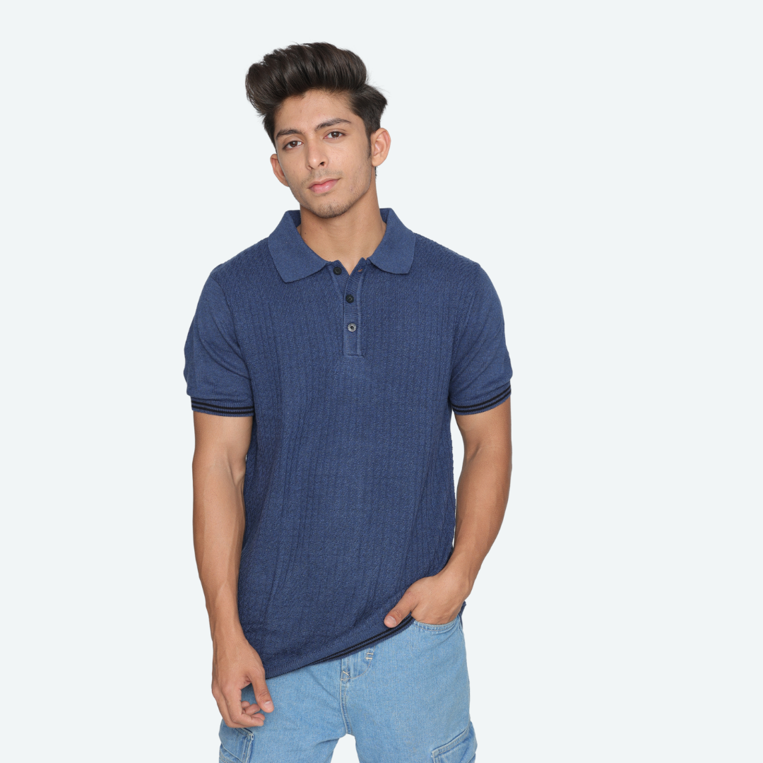 Premium Navy Structured Cotton Polo Knitted T-Shirt