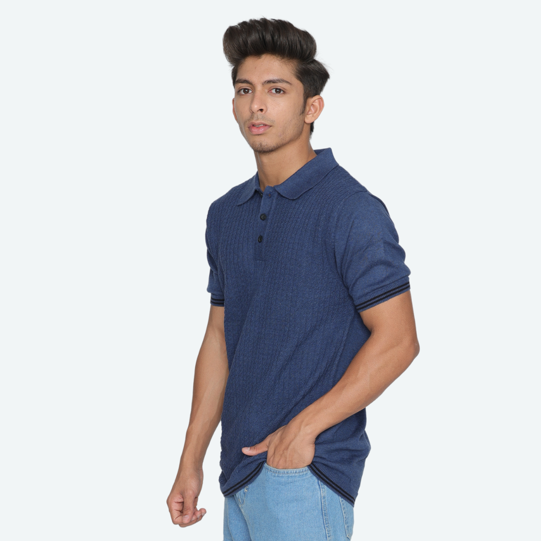 Premium Navy Structured Cotton Polo Knitted T-Shirt