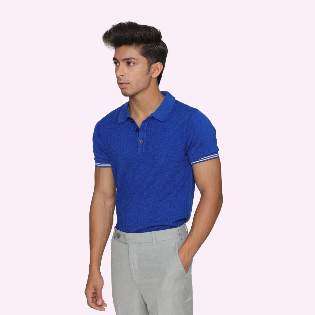 Premium Blue Structured Cotton Knitted Polo T-Shirt