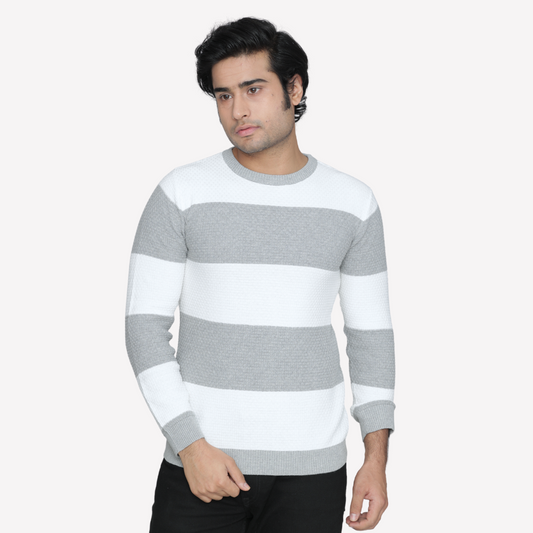 White and Grey Striped Knitted Cotton Special Edition T shirt