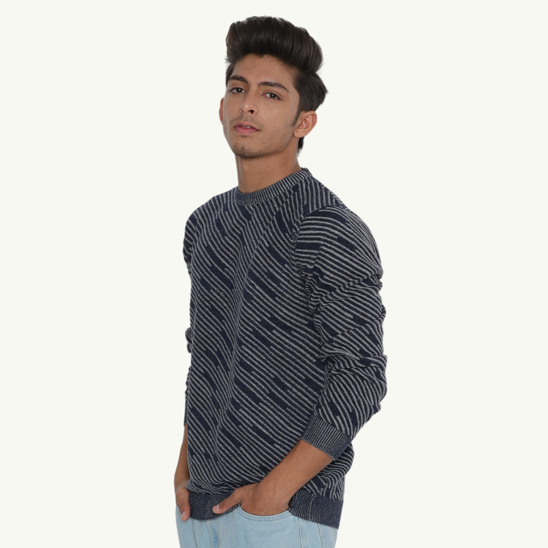 Navy with Grey Structured strips Denim Finished Jacquard Knitted Special Edition Garment