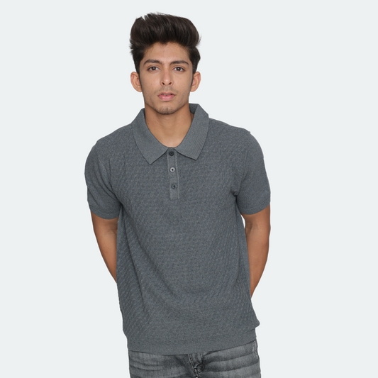 Premium Anthra Structured Cotton Polo Knitted T-Shirt