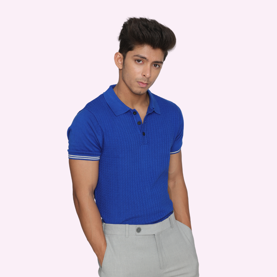 Premium Blue Structured Cotton Knitted Polo T-Shirt