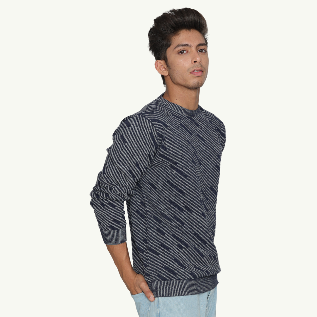 Navy with Grey Structured strips Denim Finished Jacquard Knitted Special Edition Garment