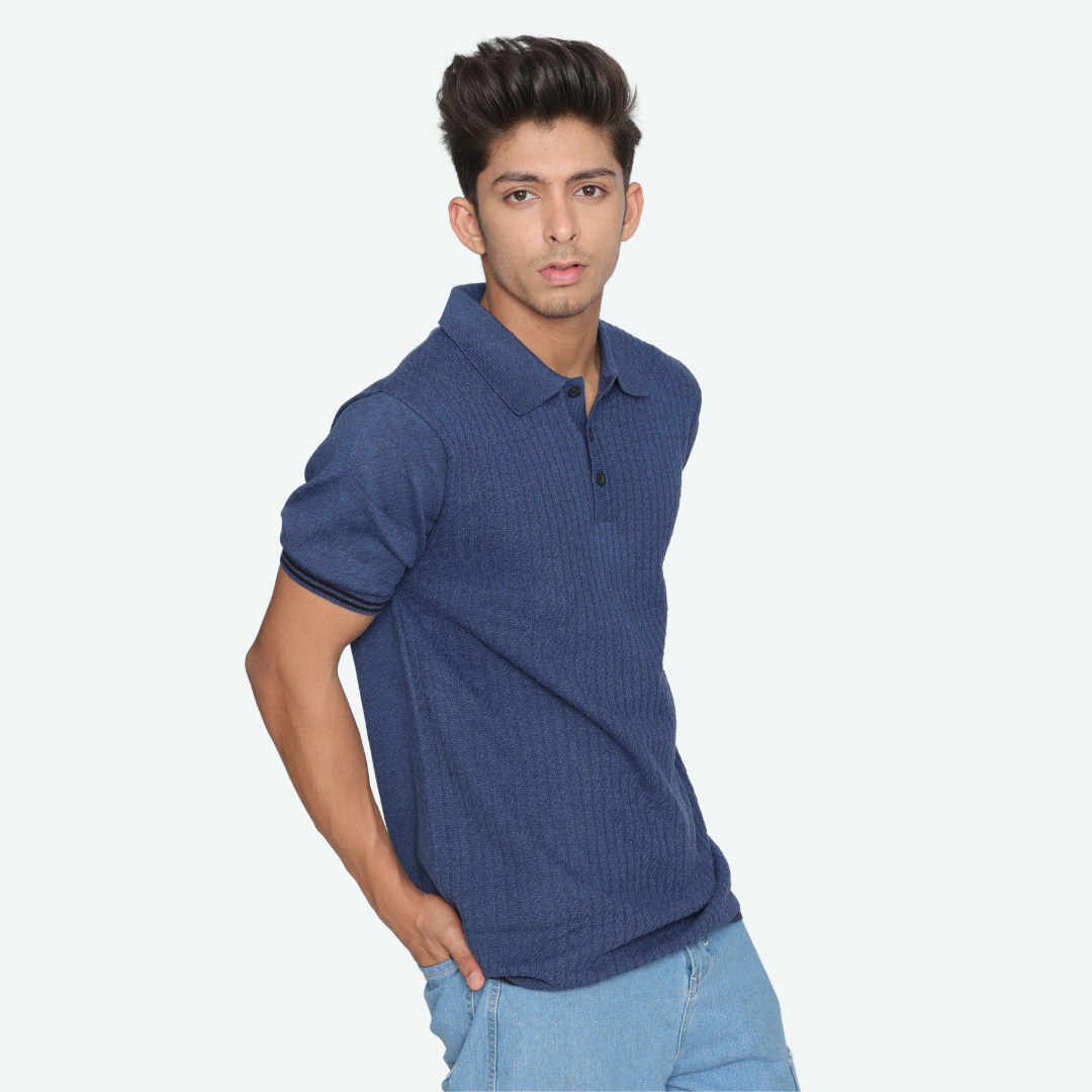 Premium Navy Structured Cotton Polo Knitted T-Shirt