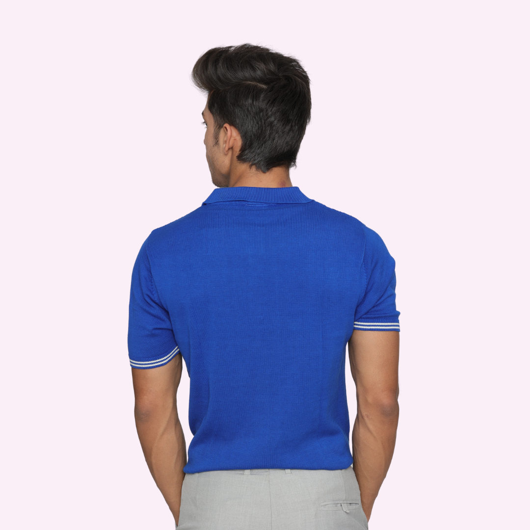 Premium Blue Structured Cotton Knitted Polo T-Shirt