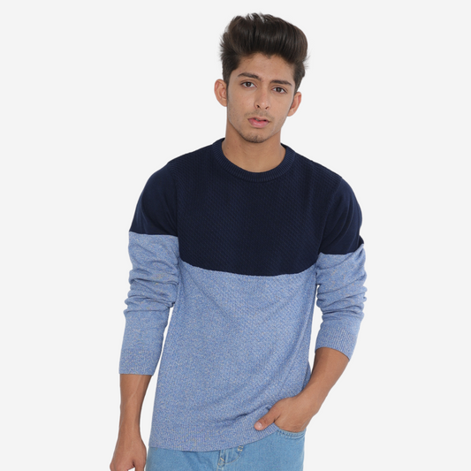 Navy light blue structured cotton special edition knitted T-Shirt