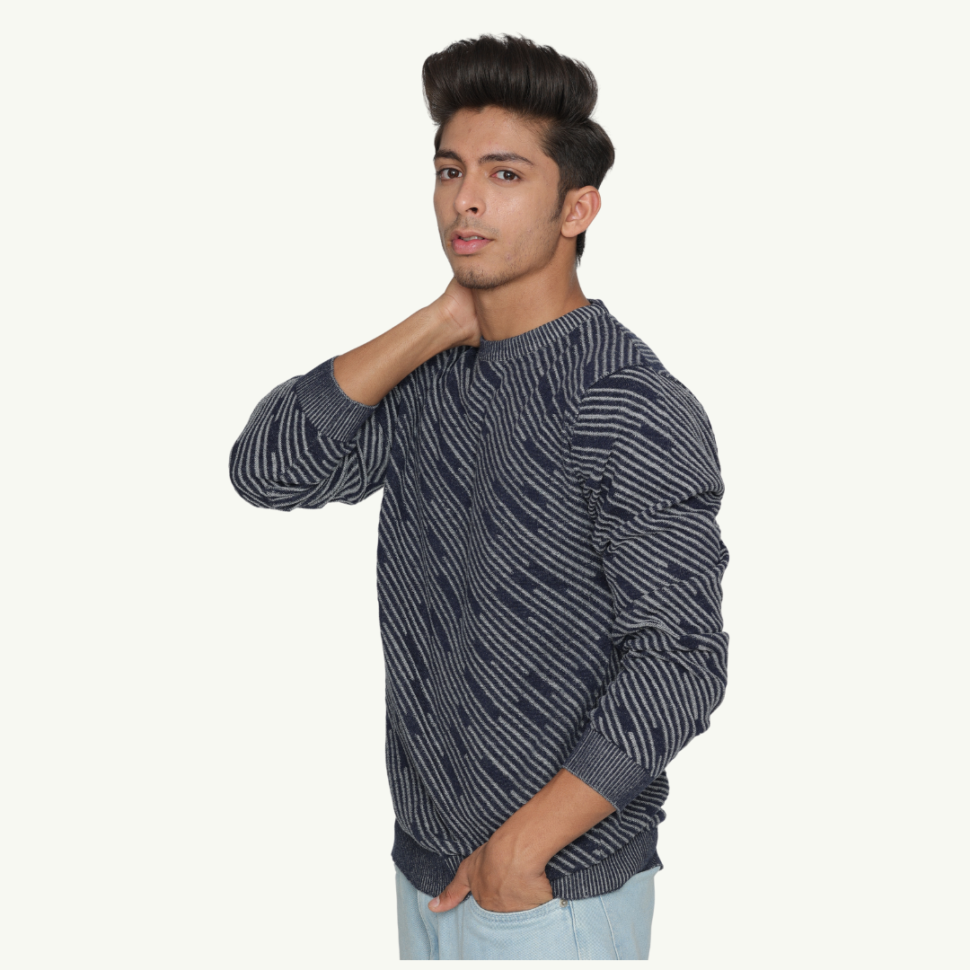 Navy with Grey Structured strips Denim Finished Jacquard Knitted Special Edition Garment