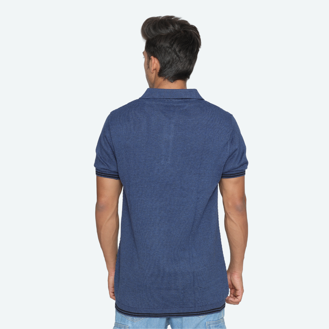 Premium Navy Structured Cotton Polo Knitted T-Shirt