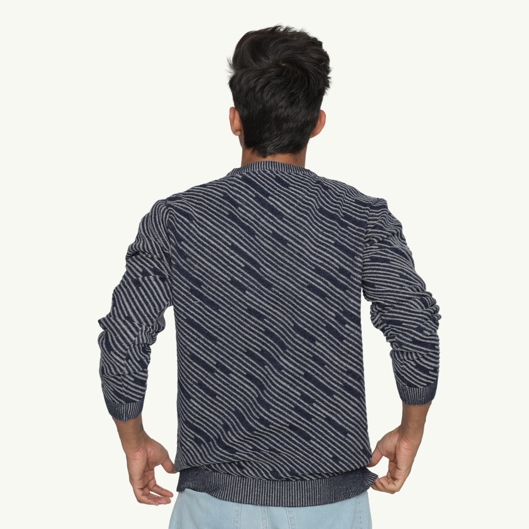 Navy with Grey Structured strips Denim Finished Jacquard Knitted Special Edition Garment