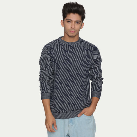 Navy with Grey Structured strips Denim Finished Jacquard Knitted Special Edition Garment